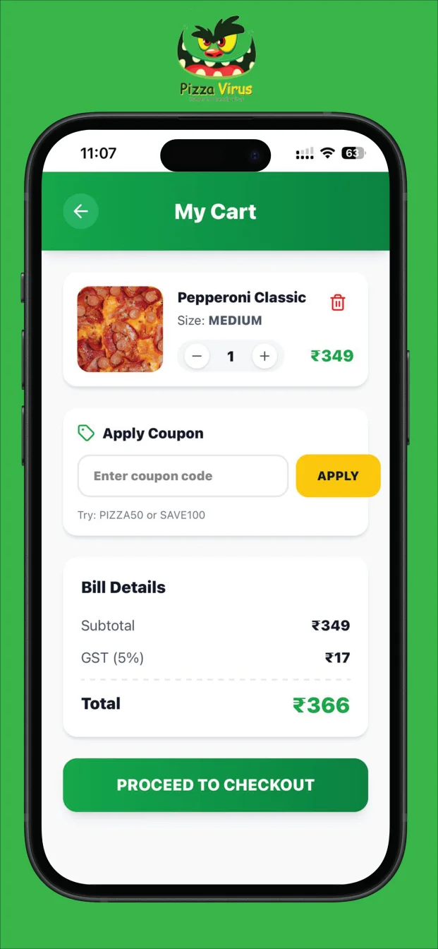Pizza Virus App: Cart with coupons and bill details