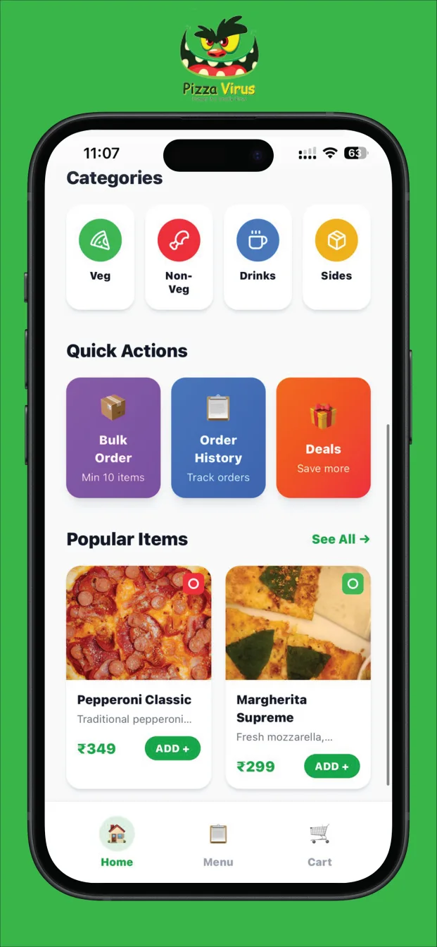 Pizza Virus App: Quick actions and popular items