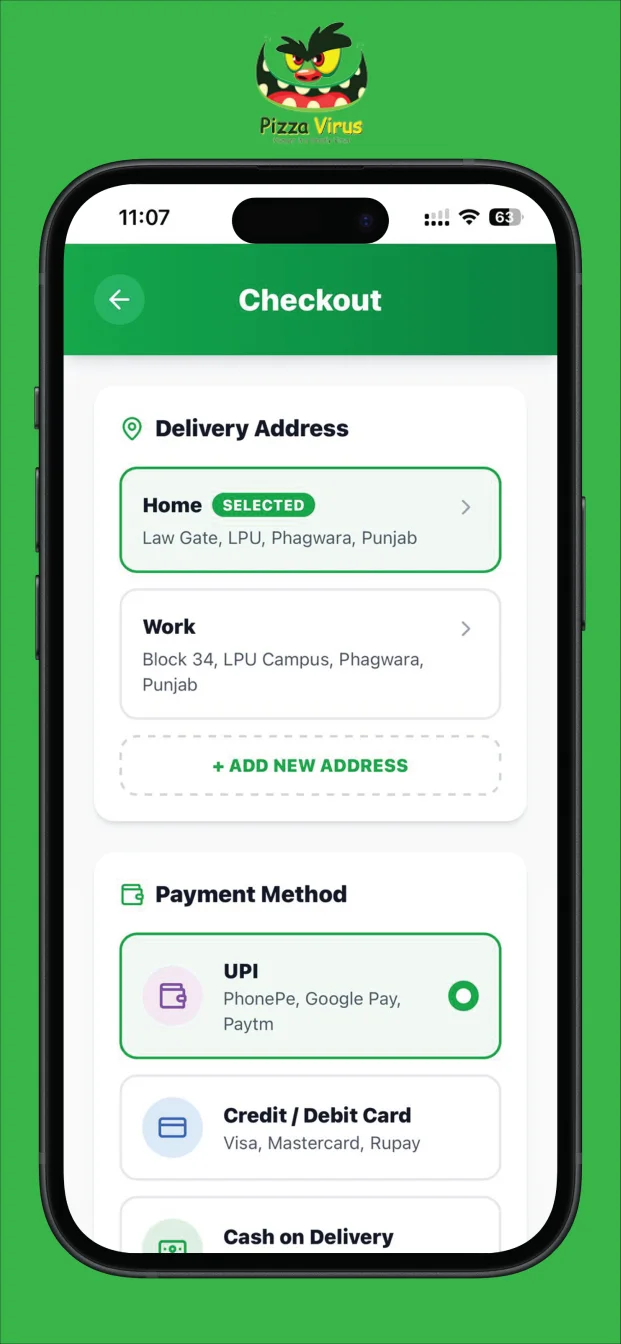 Pizza Virus App: Checkout: saved addresses and payment