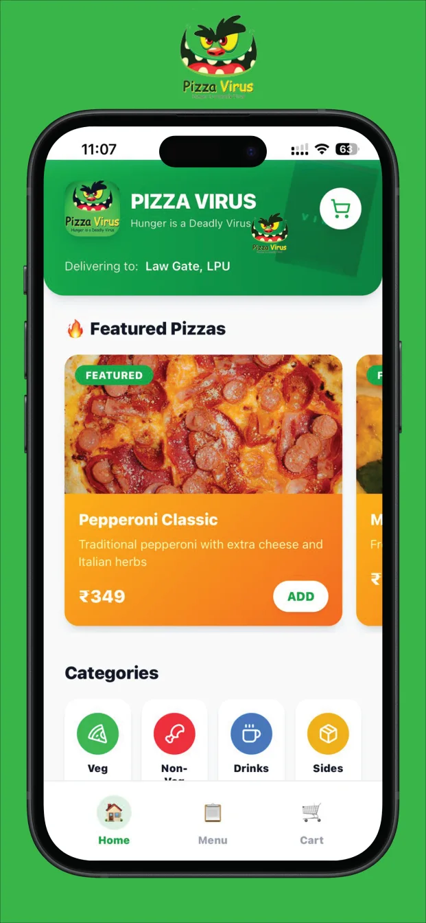 Pizza Virus App: Home: featured pizzas and categories