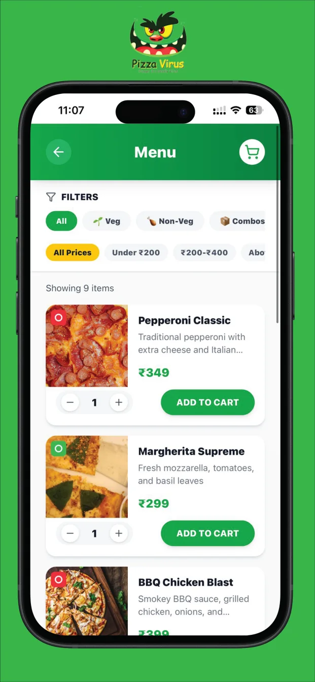 Pizza Virus App: Menu with veg, non-veg and price filters