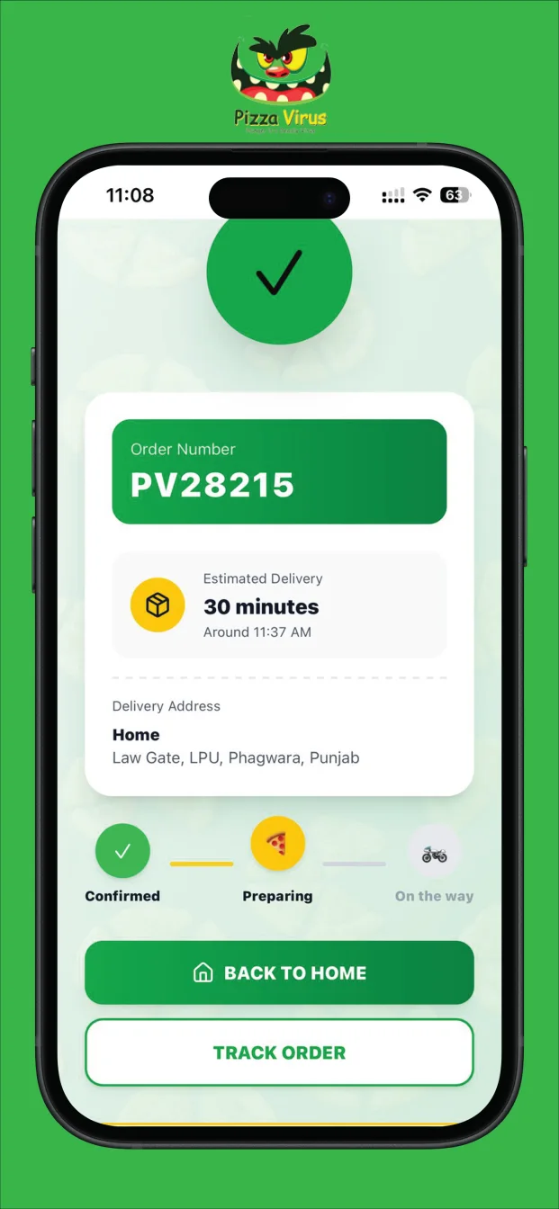 Pizza Virus App: Order confirmed with live status