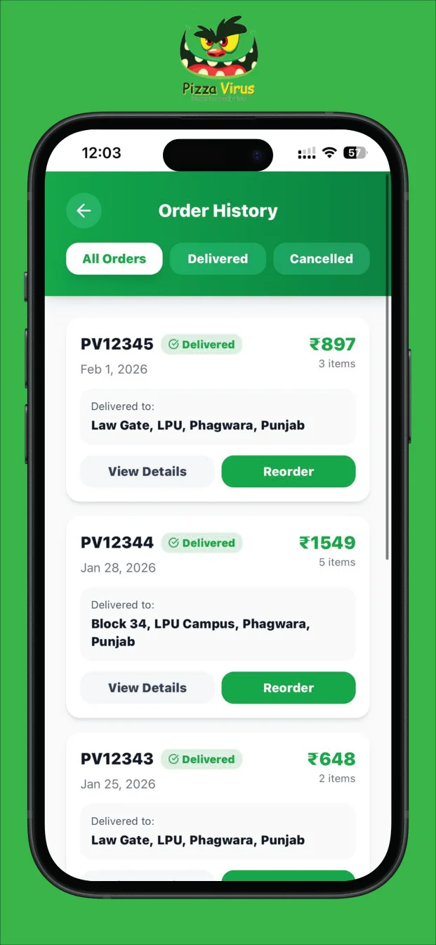 Pizza Virus App: Order history with one-tap reorder