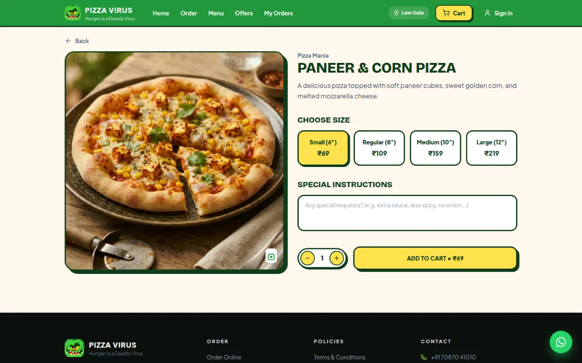 Pizza Virus: Product page with size options